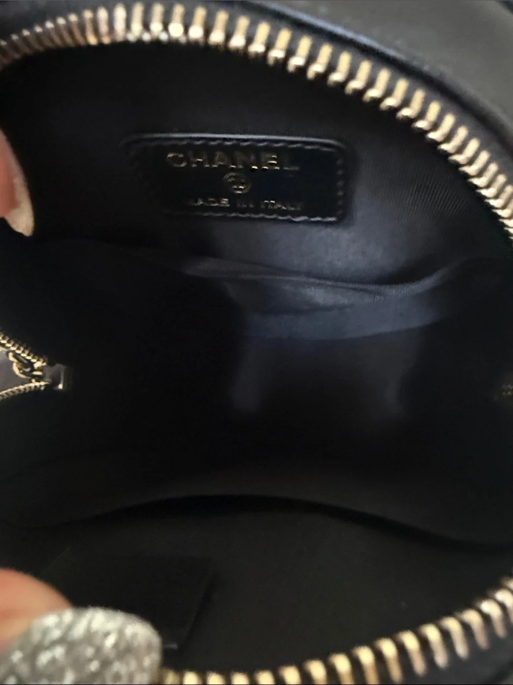 CHANEL Black Lambskin Quilted Round Crossbody with Pearl Trim with Chain